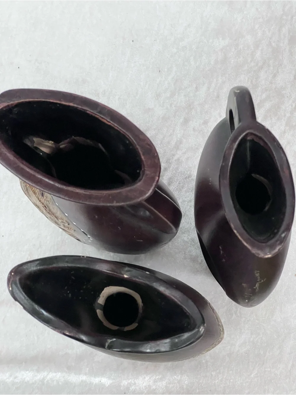 Brown Decorative Vase Set spiral accents 3 piece FLAWED